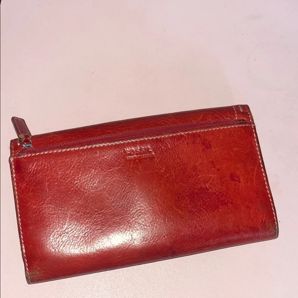 Vintage Fossil Red Leather Trifold Wallet